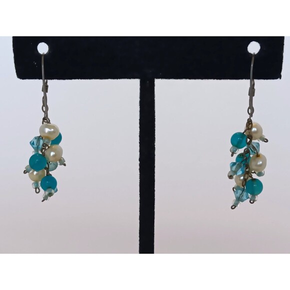 Sterling Silver Chalcedony & Pearl Cluster Dangle Earrings 1.5 in - Picture 6 of 13